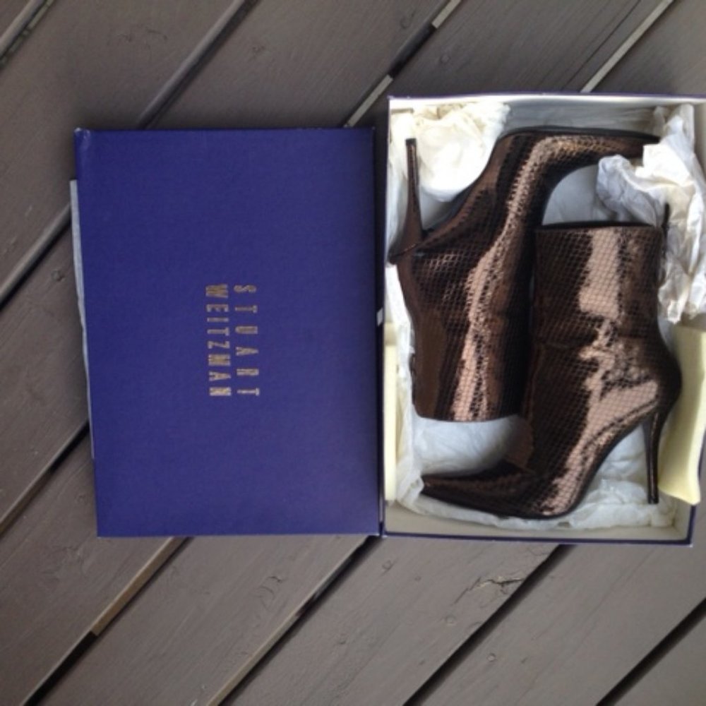 Stuart Weitzman Women Goliath Ankle Boots Topaz Brown Snakeskin Leather Size 7.5